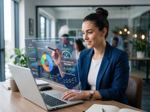 Business Woman applying AI technology and analytics for digital marketing, SEO analytics and advertising, data driven strategy, campaign optimization, smart dashboard and promotion performance chart.