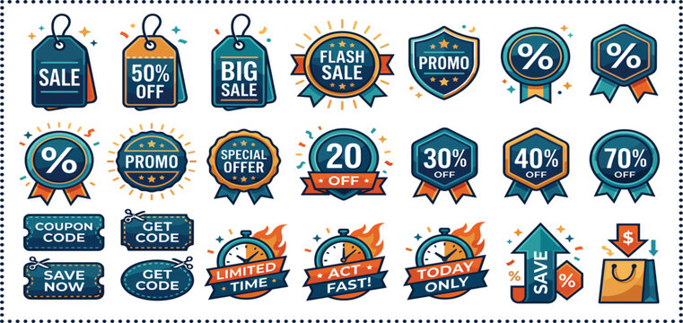 Sale Badge and Discount Label Vector Set Featuring Flash Sale Promo Offer Percentage Tags Coupon Code and Limited Time Stickers for Marketing and Ecommerce Design
