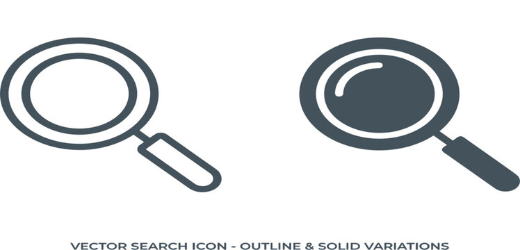 Search Icon Set Featuring Magnifying Glass in Outline and Solid Styles for User Interface Design Web Navigation and Mobile Application UI Elements
