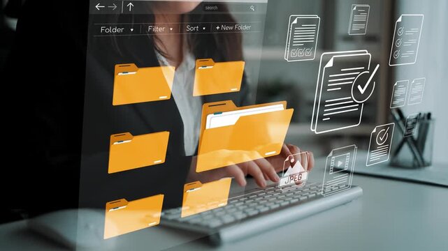 Woman Using Computer with Virtual File Management Interface and Digital Organizational Tools for Document Handling and Workflow Efficiency Sigmoid