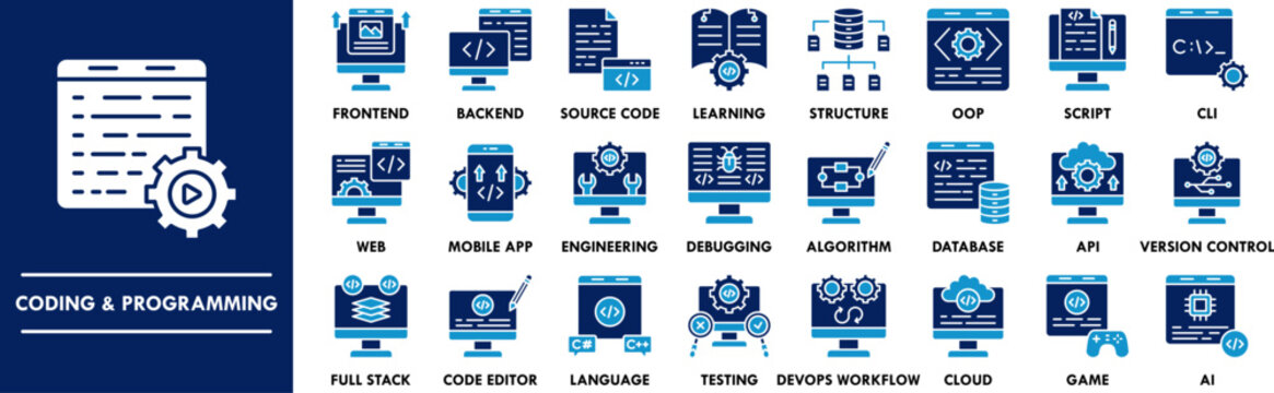 Coding and Programming duotone icon collection set. Containing design coding, programming, software development, web development