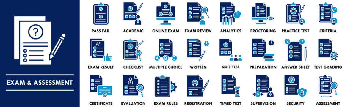 Exam and Assessment duotone icon collection set. Containing design exam, examination, assessment, test, quiz