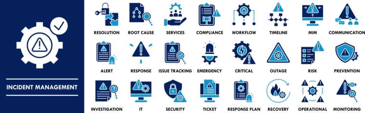 Incident Management duotone icon collection set. Containing design incident response, issue tracking, problem solving, emergency management