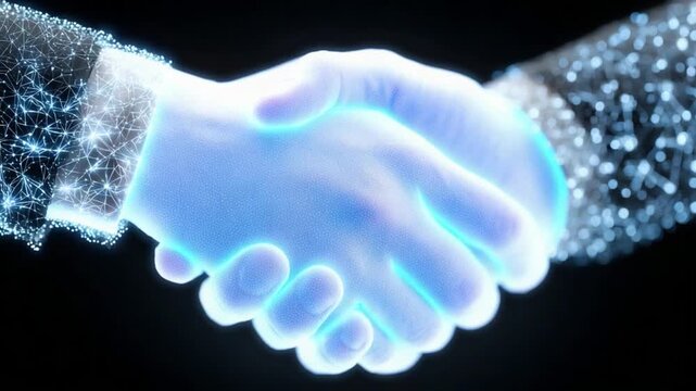 Digital Handshake: A radiant digital handshake, a visual metaphor for connection, agreement and deal making, against a dark backdrop, creating an abstract and tech-focused image.