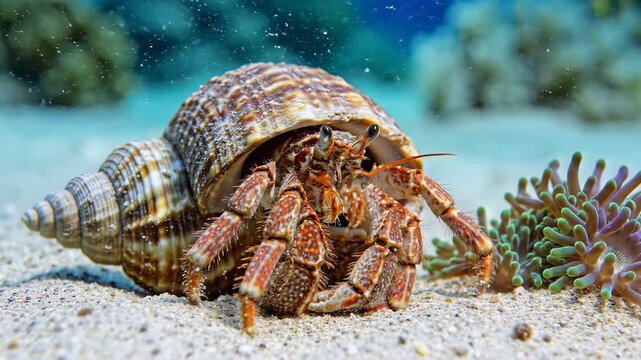 Hermit Crab Crawling on Sandy Ocean Floor Underwater.