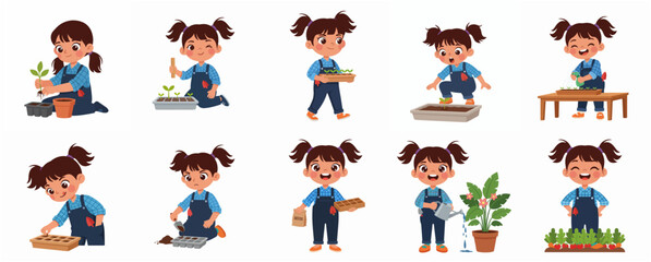 Cute Little Girl Character Set Enjoying Gardening Activities, Planting Seeds, Watering Flowers, and Harvesting Vegetables - Vector Illustration © Peony02