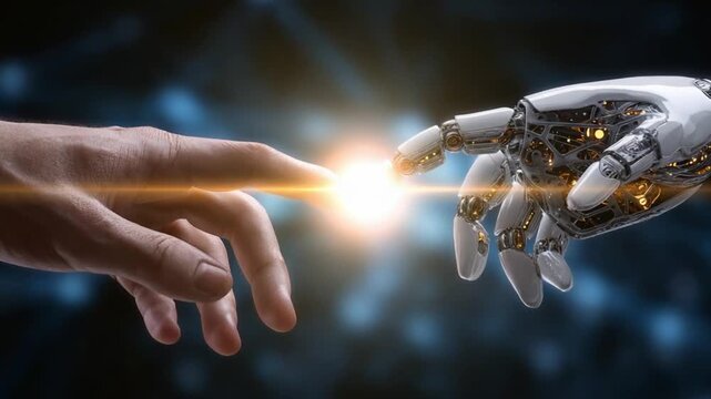 A Touch of Tomorrow: A compelling image, human finger extending towards a robot, symbolizing the intersection of humanity and advanced technology, illuminated by a brilliant light.