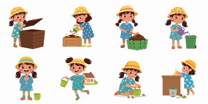 Little Girl Character Set Learning Composting and Organic Waste Recycling Processes for Sustainability Education