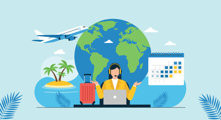 Fototapeta premium Travel Agency and Vacation Planning Vector Illustration Featuring Global Tourism Flight Booking and Holiday Destination Concepts
