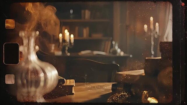 Enigmatic ambiance in a vintage alchemist's study, where glowing flasks and flickering candles illuminate ancient tomes and forgotten scientific discoveries, evoking a timeless quest for wisdom
