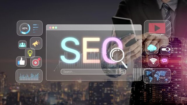 SEO concept for improving SEO visibility, with SEO related digital tools and SEO performance icons shown in an focused layout for strategic marketing. Muxer