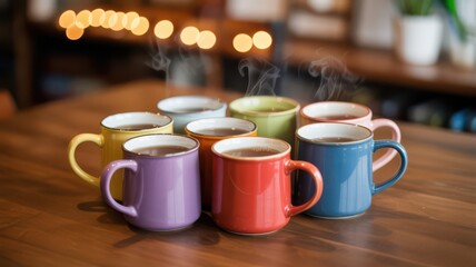 Fototapeta premium Group of colorful ceramic mugs filled with steaming hot tea or coffee on a wooden table