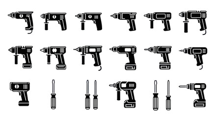 Collection of Power Drills and Screwdrivers Icons, Tools Set © Ahmad