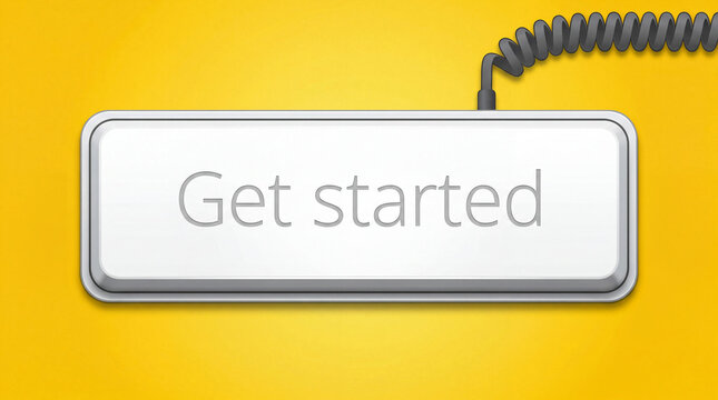 Sleek digital illustration of a 'Get started' button, metallic and connected by a coiled wire on a vibrant yellow background, symbolizing an interactive beginning