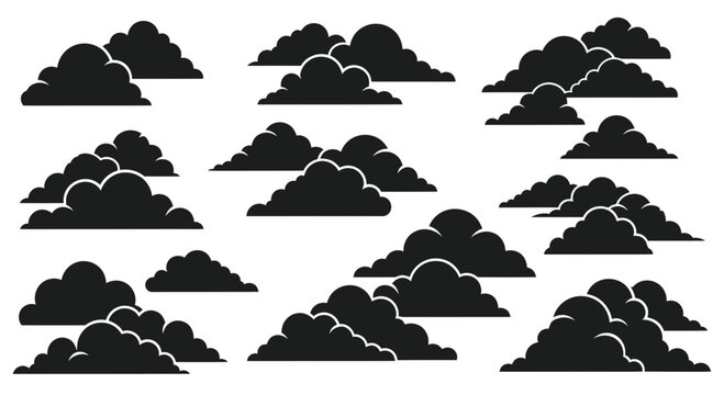 Black Cloud Icons Set, Sky Weather Symbols, Cumulus Shapes