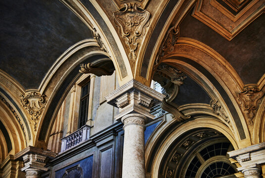 Detail of the Grand Staircase (Scalone Monumentale) of the Palazzo Madama in Turin, Northern Italy, Europe