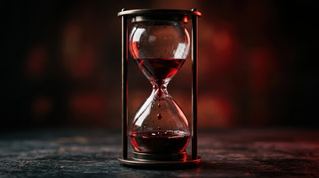 Hourglass filled with blood dripping slowly symbolizing time running out for life saving donation