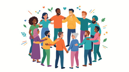 Fototapeta premium Diverse group of people joining hands in a circle conveying support and unity with colorful illustrations and a joyful mood on a white background.