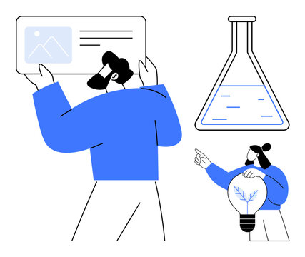 Innovation, teamwork, education, science, technology, creativity. A man holding a digital display, a woman pointing with a bulb containing a tree and a flask with liquid. Innovation and science