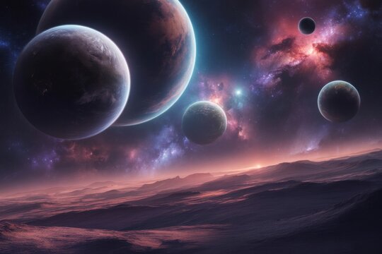 Multiple planets over a barren alien landscape with purple nebula