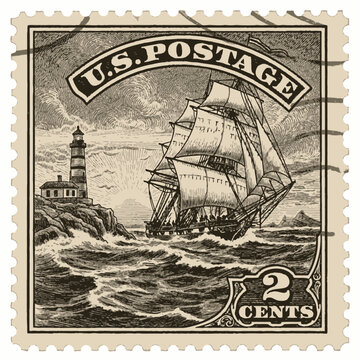 Vintage Sailing Ship at Lighthouse.