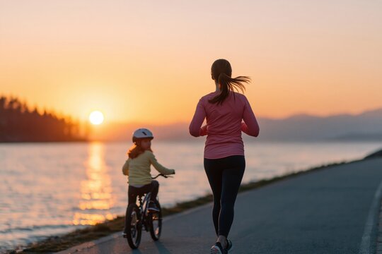 Mother and daugther running cycling outdoor sunset