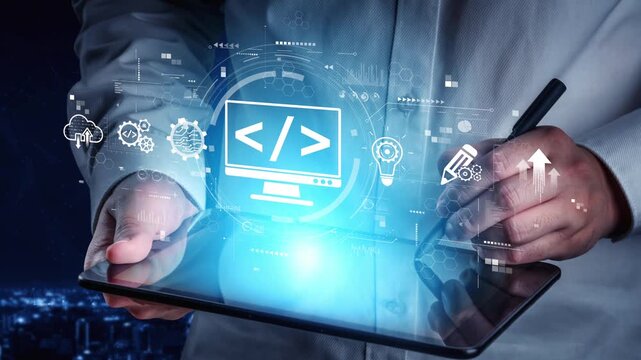 Modern web development concept featuring coding symbols, web development process, web development interface, and web development tools with futuristic design. Muxer