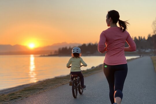 Mother and child enjoying jogging and cycling at sunset