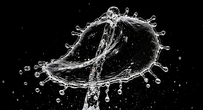 Two water droplets colliding in a high-speed photograph, creating an intricate splash pattern against a dark background.