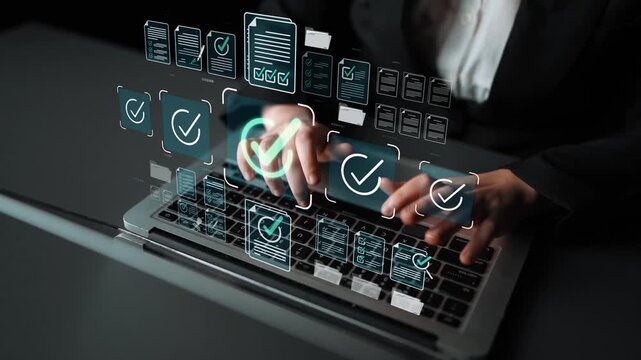 Hands typing on laptop keyboard with digital checkmark symbols and glowing icons representing data analysis, productivity, and workflow management Sigmoid