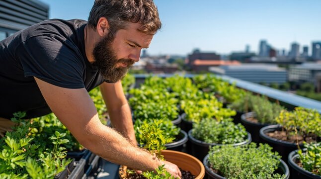 Man rooftop gardening urban city plants sustainability organic herb garden rooftop farm ideal for urban agriculture.