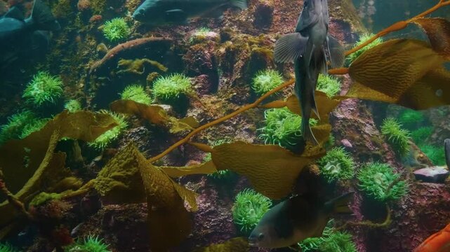 A close up shot of an upside down jellyfish (Cassiopea) resting on the sandy bottom of a tank at the Vancouver Aquarium in Stanley Park. The jellyfish pulsates gently, showcasing its unique symbiotic 