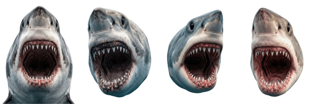 Set of Great White Sharks with Open Jaws Isolated on White Background, PNG