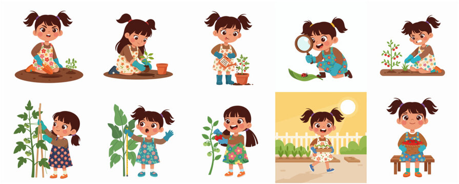 Cute Little Girl Gardening Set Illustration featuring Various Activities like Planting, Watering, Weeding, and Harvesting Fresh Tomatoes for Nature Education and Hobby