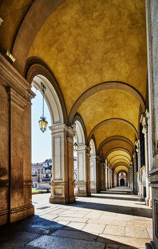 The extensive porticoes (covered walkways) that are a hallmark of Turin, Northern Italy, Europe