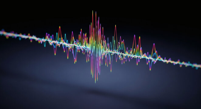 Colorful abstract sound wave visualizer displaying dynamic audio spectrum and frequency fluctuations in a technological context, creating an immersive sensory experience