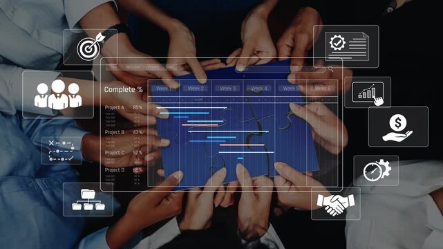 A close-up view of diverse hands collaborating on a project management dashboard, showcasing charts and analytics that symbolize effective teamwork and project planning. Raster
