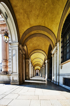 The extensive porticoes (covered walkways) that are a hallmark of Turin, Northern Italy, Europe