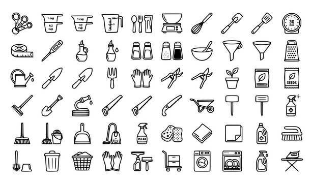 Kitchen gardening cleaning icons vector minimal outline tool pack