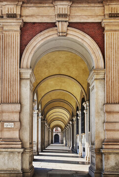 The extensive porticoes (covered walkways) that are a hallmark of Turin, Northern Italy, Europe