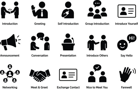 Introduction and Networking Solid Black Icon Set