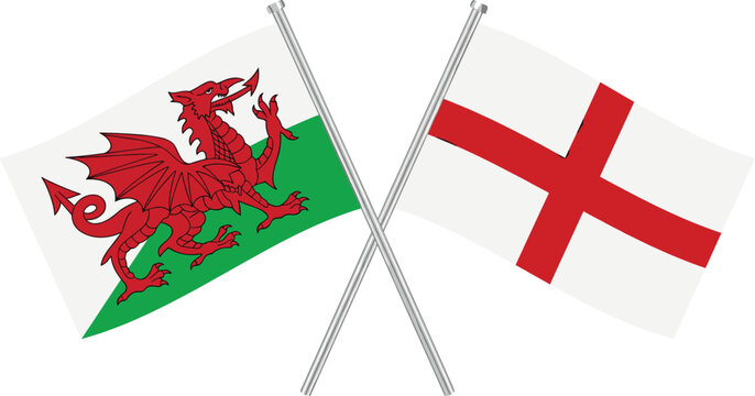 Wales and England Crossed Waving Flag on Pole Vector Illustration Isolated White Background National Symbol