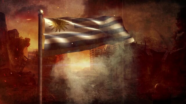 Uruguay Flag with Cinematic Apocalypse Scene and Burning City