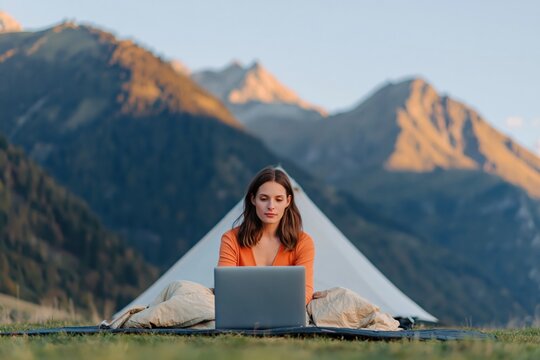 Woman laptop camping mountain digital nomad for remote work and travel inspiration