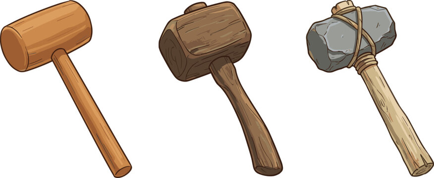 Wooden and Stone Mallet Hammer Vintage Tool Collection Vector Set Isolated White Background Carpentry