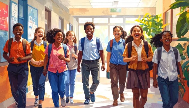 Diverse group of happy students walking down a school hallway.
