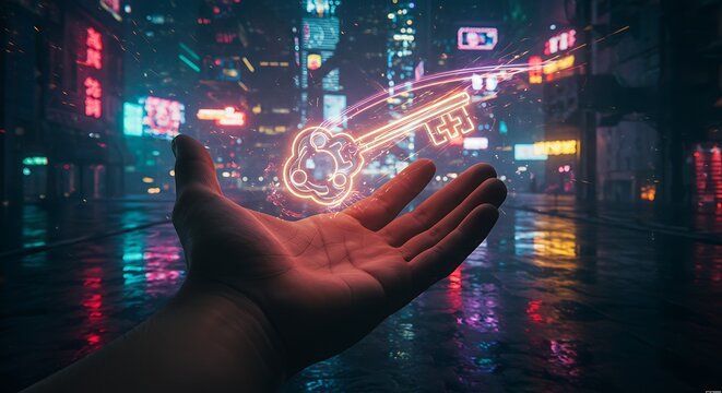M&atilde;o segurando uma chave brilhante em um conceito de arte digital de uma cidade futurista