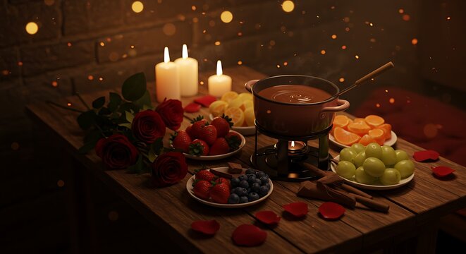 Fondue de chocolate rom&acirc;ntico com velas e arranjo de frutas em mesa de madeira.