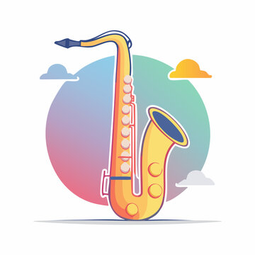 Stylized Illustration of a Golden Saxophone with Clouds
