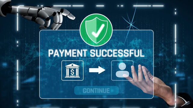 AI confirms secure payment transaction, verifying user identity, processing order, and authorizing completed digital payment within trusted financial systems. Marrow